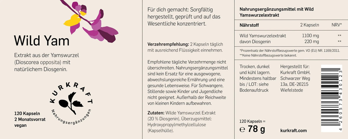 Etikett Wild Yam Kapseln von Kurkraft mit Nährwerttabelle, Zutatenliste und Verzehrempfehlung, 120 Kapseln